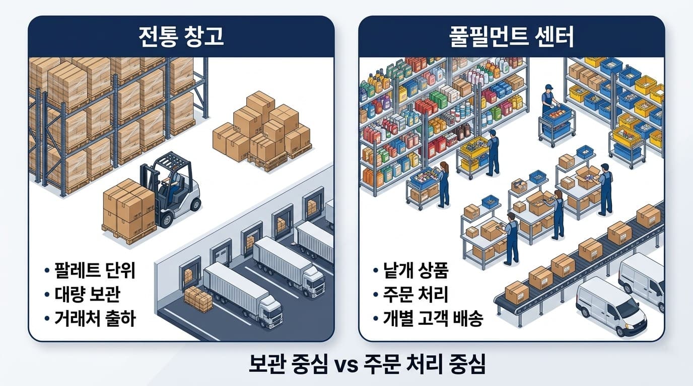 전통 창고와 풀필먼트 센터의 운영 차이를 비교한 도표