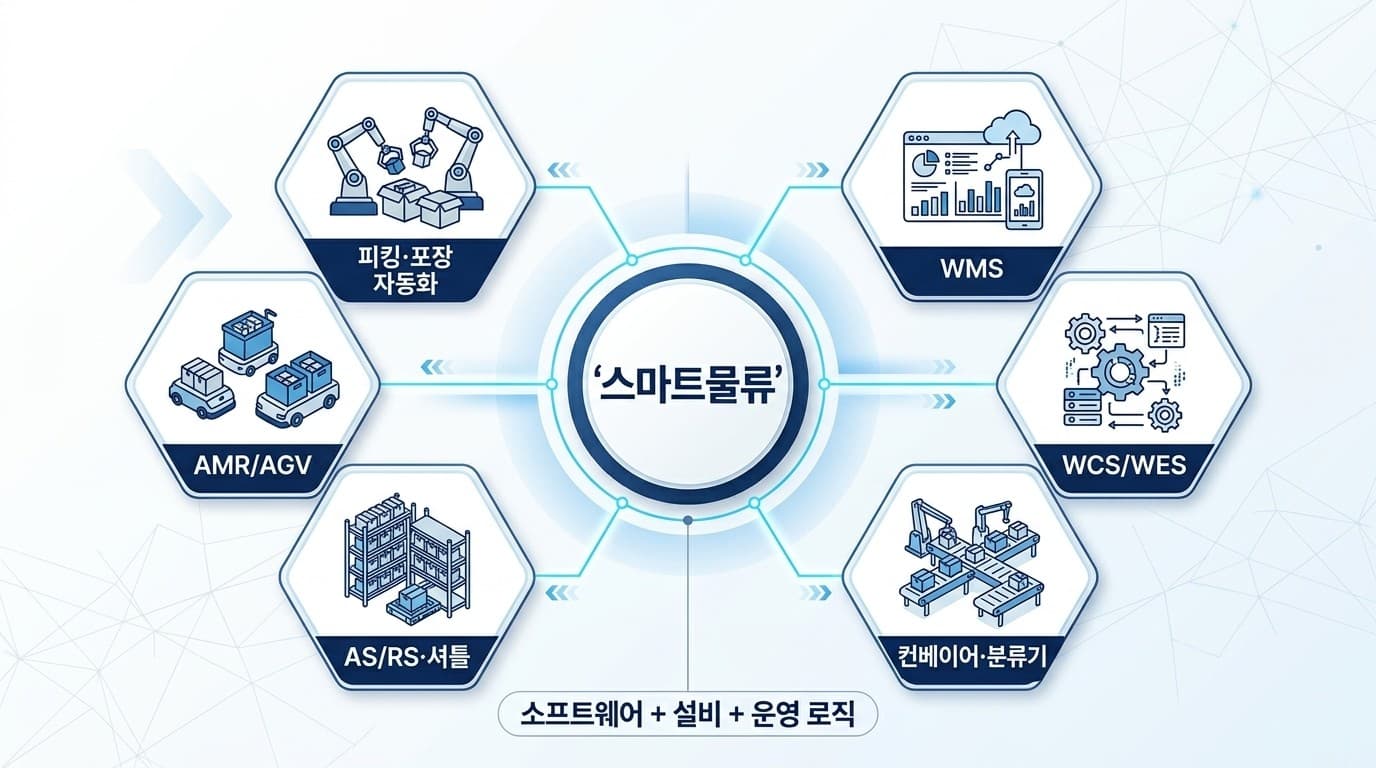 스마트물류를 구성하는 WMS, WCS, 자동화 설비, AMR, 피킹 자동화 요소를 정리한 도표