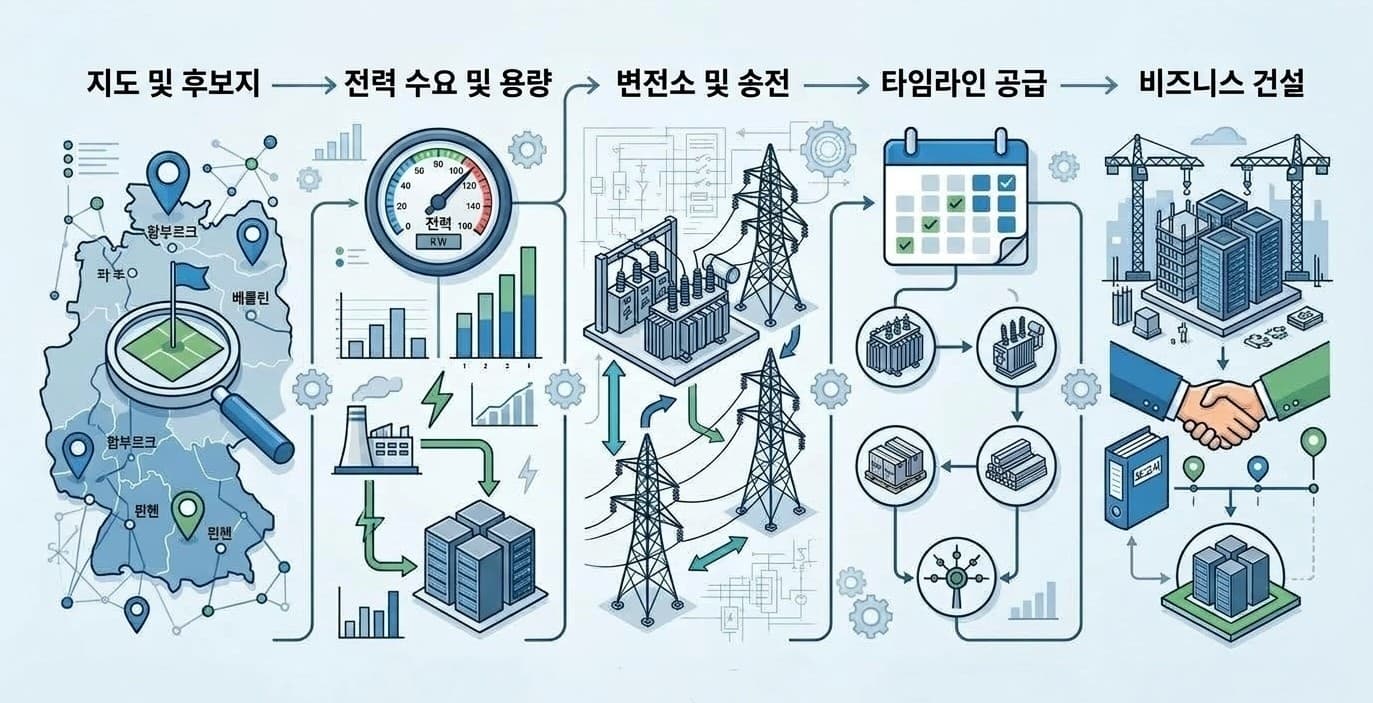 데이터센터 부지 검토에서 전력수요와 대상지역, 계통설비, 공급 시기와 사업일정을 함께 확인하는 체크리스트 개념 이미지
