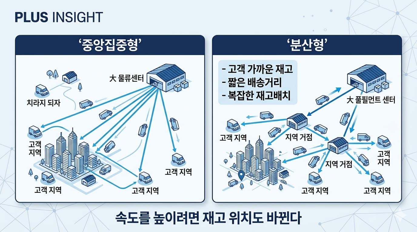 대형 중앙 물류센터 한 곳에서 배송하는 방식과 고객 가까운 지역 거점을 함께 사용하는 배송 네트워크를 비교한 도표
