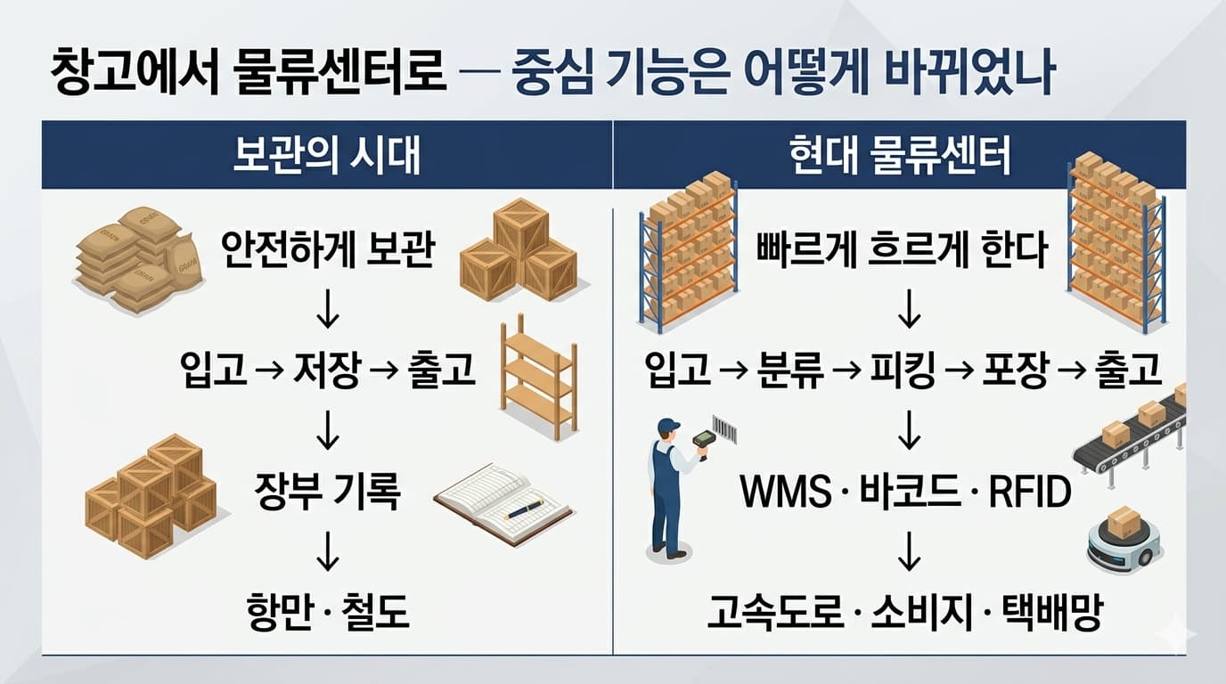 보관 중심의 전통 창고와 흐름 중심의 현대 물류센터를 비교한 도표