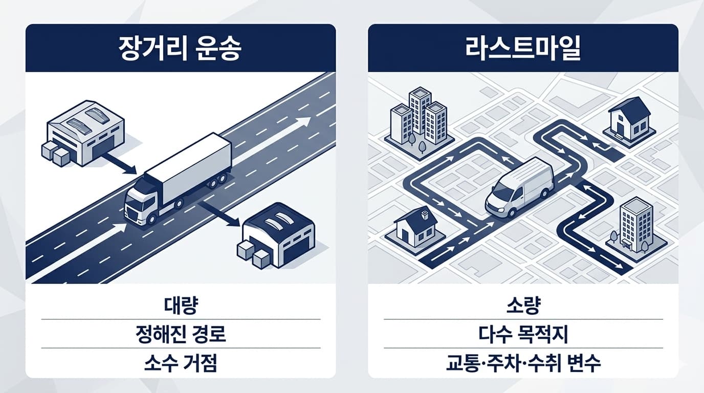대량 화물을 정해진 경로로 이동하는 장거리 운송과 여러 고객 주소를 방문하는 라스트마일 배송을 비교한 도표
