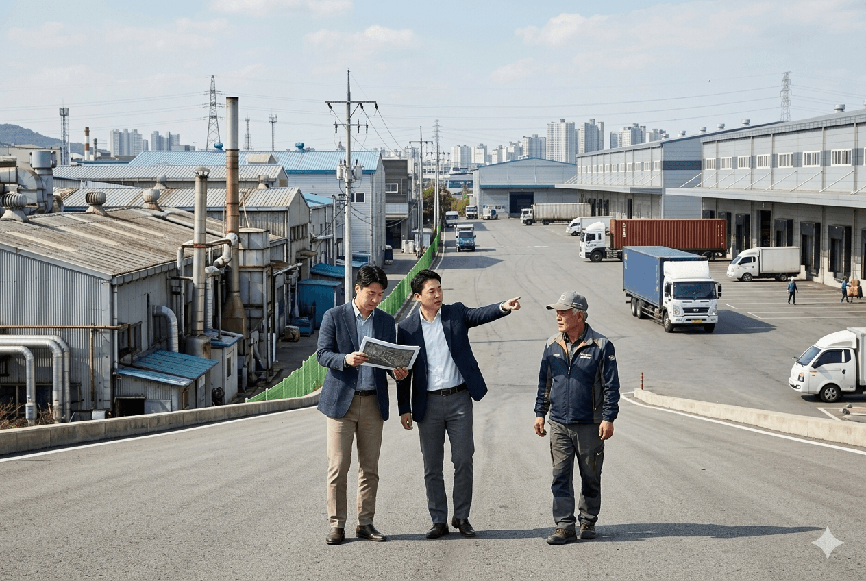파주 산업단지와 공장, 창고, 도로망이 함께 보이는 산업용 부동산 전경