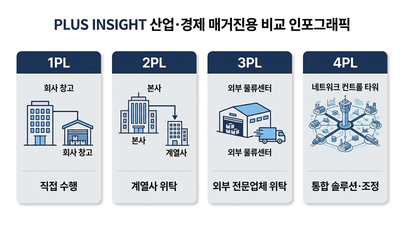 자가물류, 자회사물류, 제3자물류, 제4자물류를 비교해 보여주는 도표