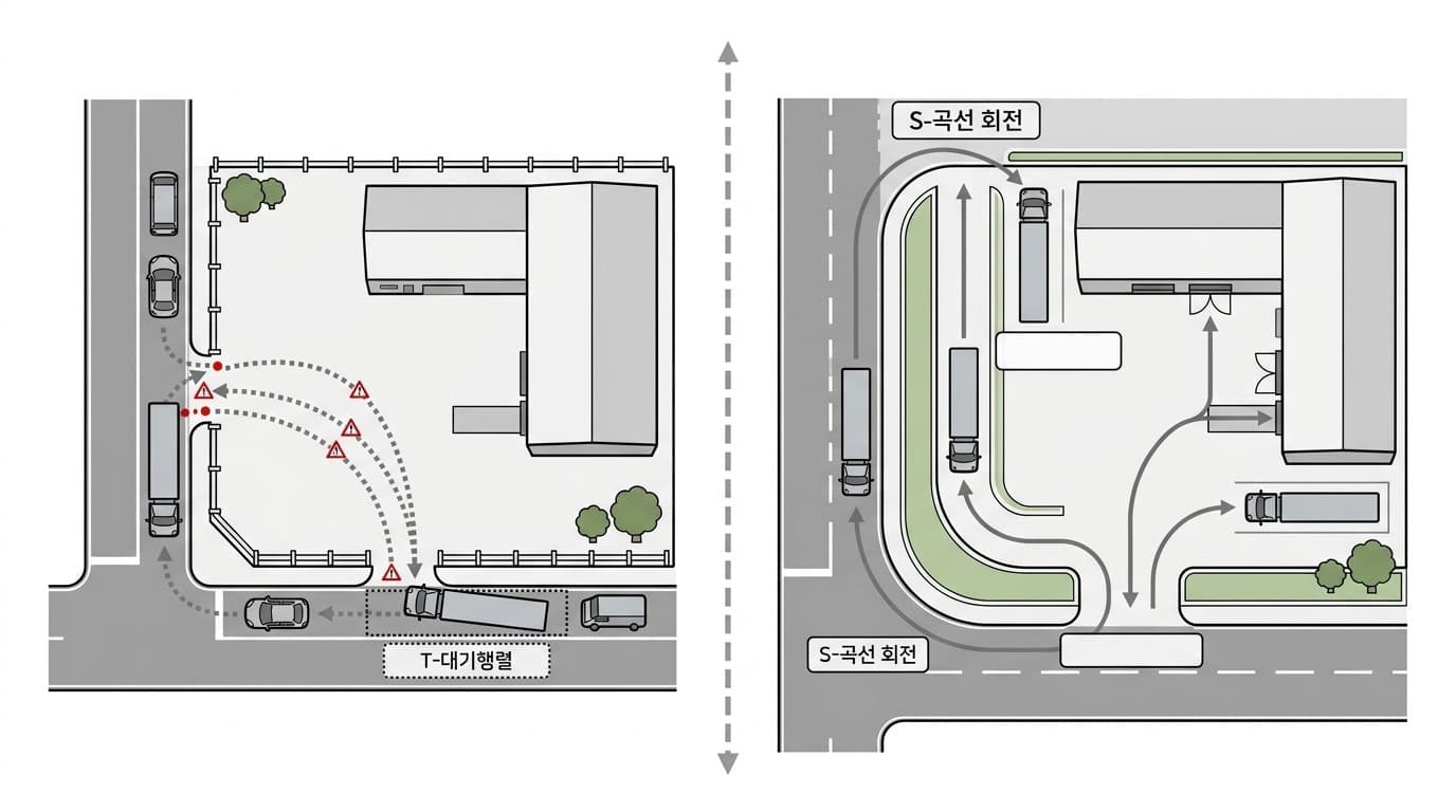 대지가 법정 도로에 접한 상태와 대형 화물차가 실제로 회전하고 진입할 수 있는 조건의 차이를 비교한 개념도