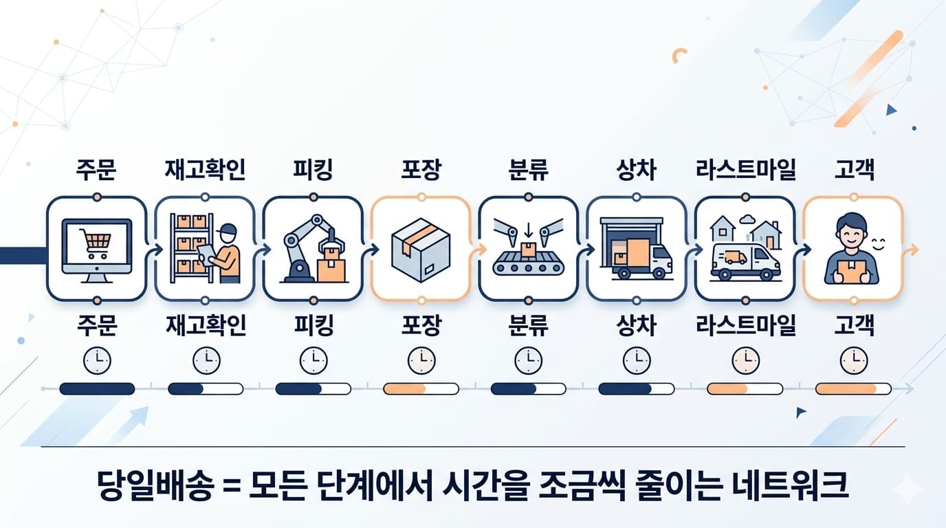 주문 접수부터 피킹, 포장, 분류, 상차, 라스트마일과 고객 배송까지 당일배송의 시간 흐름을 보여주는 도표