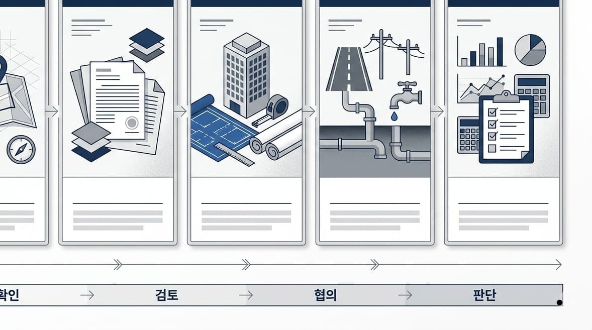 필지와 용도지역 확인부터 중첩 규제, 건축 기준, 인프라, 최종 사업성 검토까지의 다섯 단계 점검 흐름도