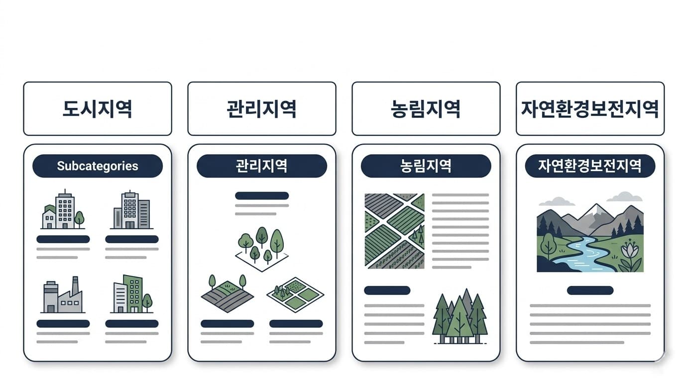 국토계획법의 주요 용도지역인 도시지역, 관리지역, 농림지역, 자연환경보전지역과 세부 구분을 설명한 개념도