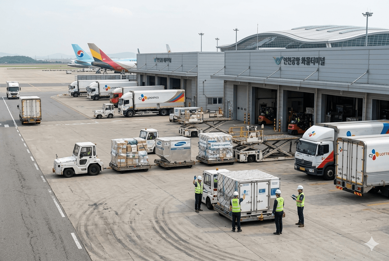 인천공항 인근의 항공화물 물류시설과 화물 처리 장면