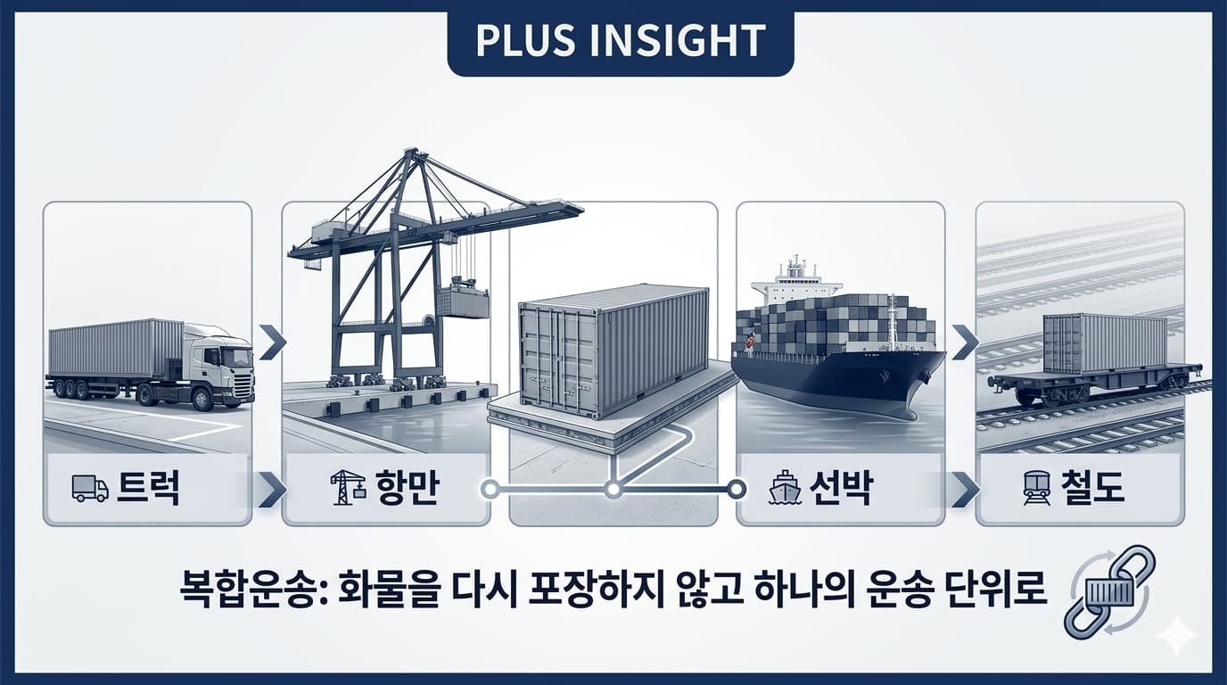 하나의 컨테이너가 트럭과 항만, 선박, 철도를 열지 않은 채 연결하는 복합운송 구조