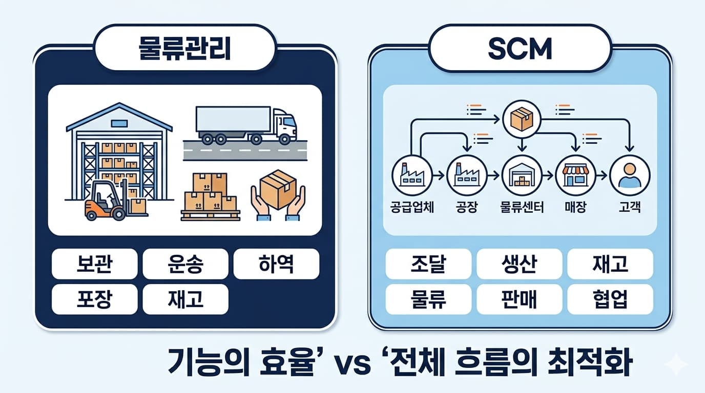 물류관리와 공급망관리의 범위 차이를 비교한 도표