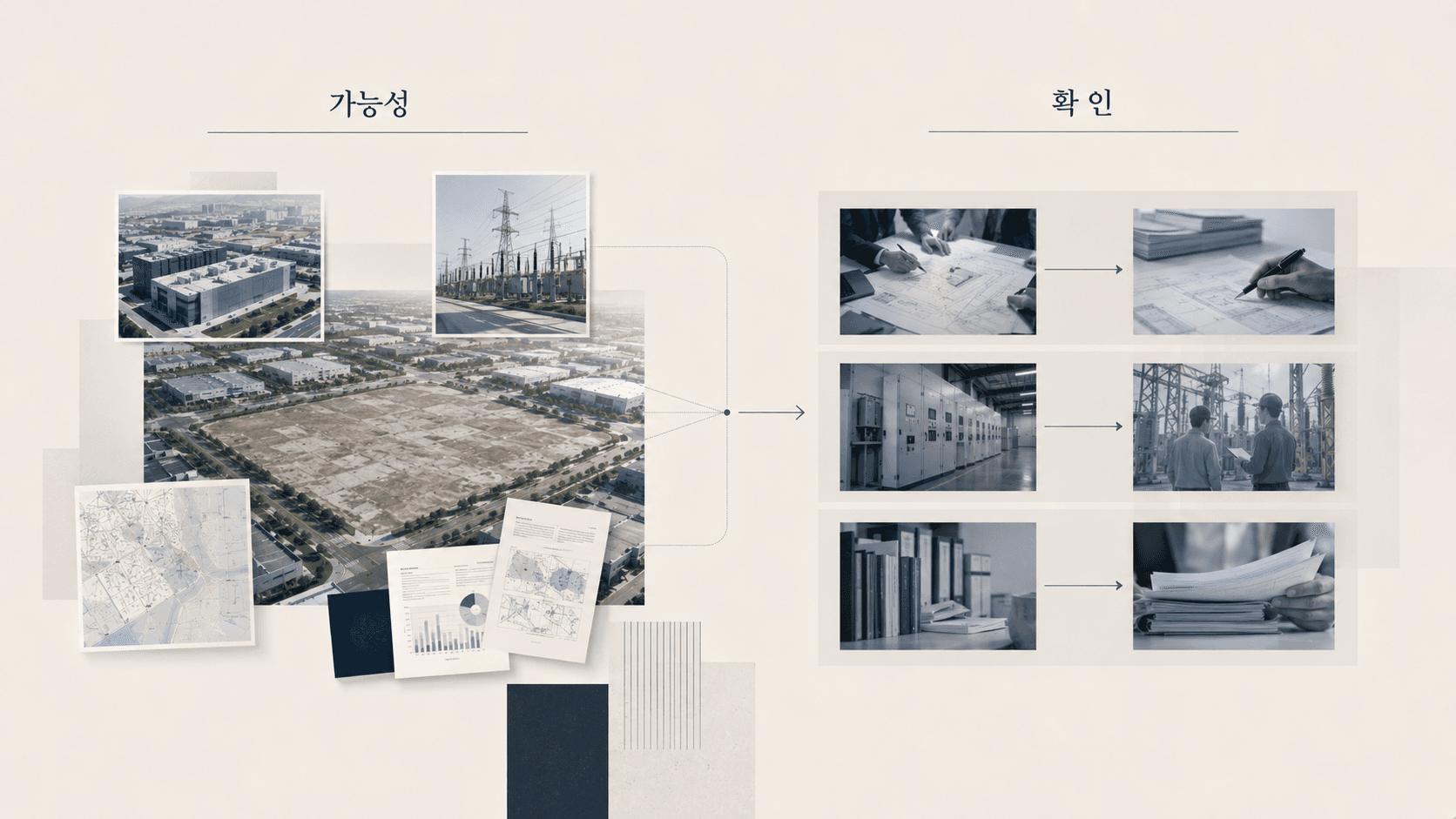 데이터센터 부지 검토에서 가능성과 확인을 구분하는 과정을 표현한 개념 이미지