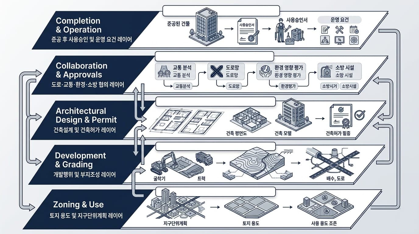 토지이용, 개발행위, 건축허가, 도로·교통·환경·소방 협의, 사용승인 및 운영을 구분한 다층 인허가 도표
