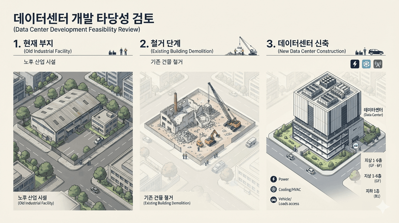 기존 건물 철거 후 지하 1층 지상 6층 데이터센터 신축 계획 개념도