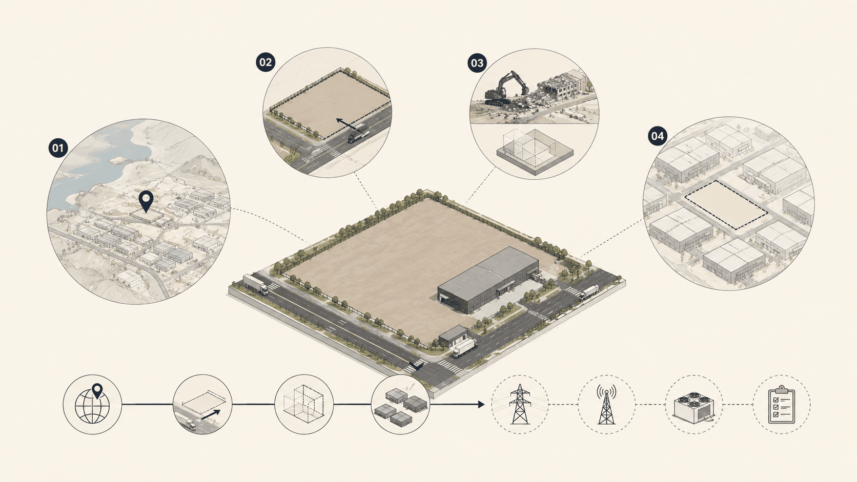 데이터센터 후보지의 입지·도로·필지·용도 검토에서 전문 기술 검토로 이어지는 과정 개념도