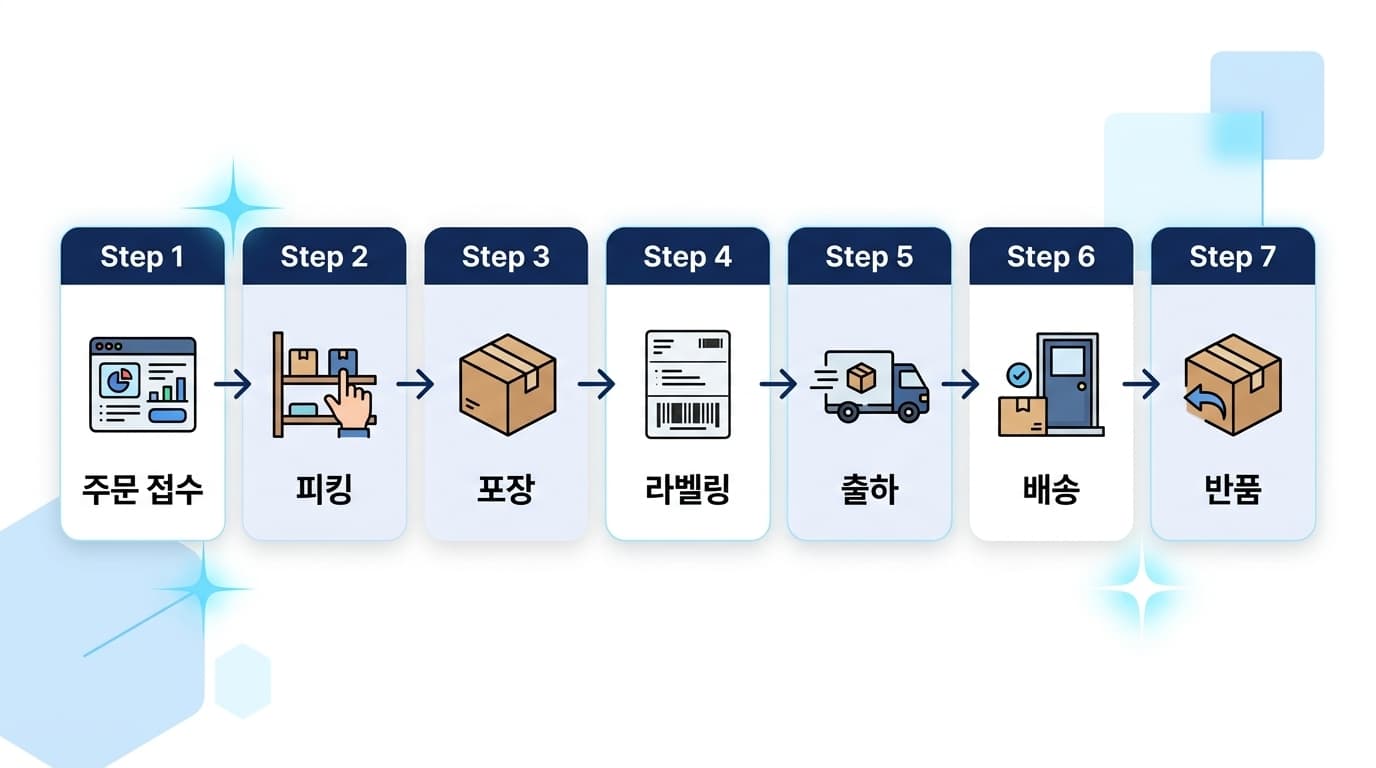 온라인 쇼핑 주문이 접수된 뒤 피킹, 포장, 라벨링, 출하, 배송, 반품으로 이어지는 흐름을 보여주는 도표