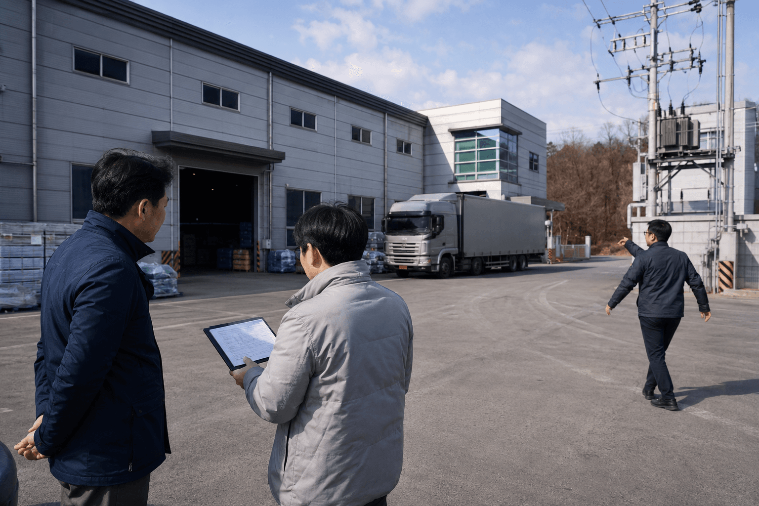 파주 산업지역에서 공장과 창고의 도로·상하차 공간·전력 조건을 점검하는 현장